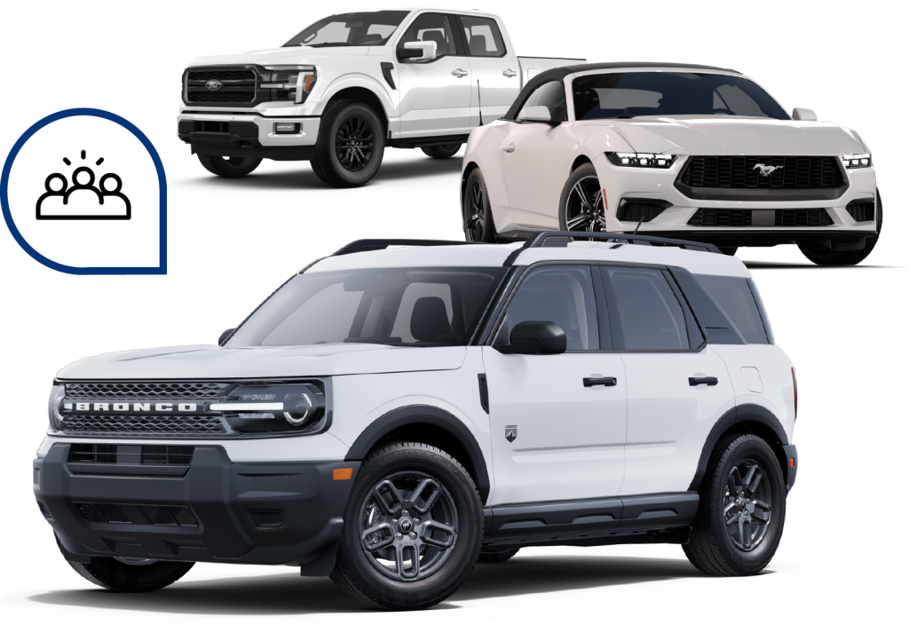 "Three white Ford vehicles—a Bronco Sport, F-150, and Mustang—arranged on a white background with a blue icon of three people inside a speech bubble on the left."