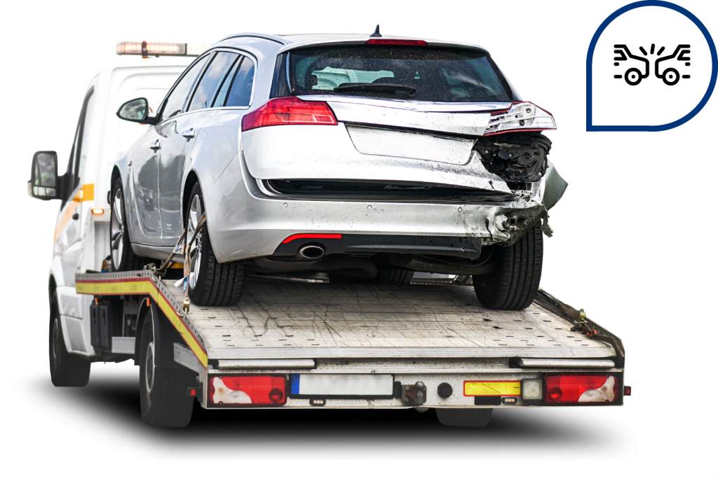 Silver hatchback with rear-end damage being transported on a flatbed tow truck, next to a crash icon.