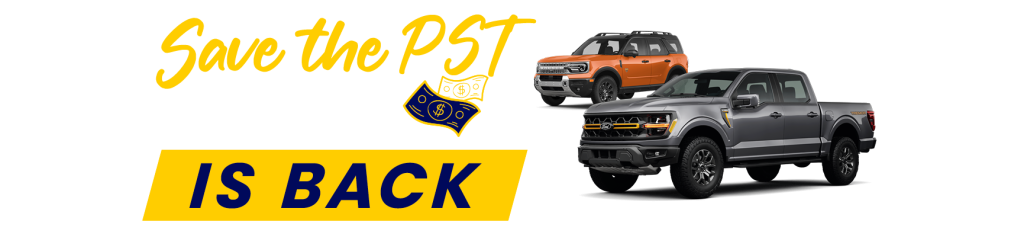 "Text 'Save the PST is Back' with illustrations of a gray Ford pickup truck and an orange Ford SUV."